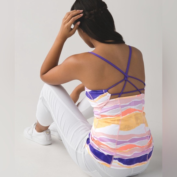 Lululemon•Dancing Warrior Tank•OG PRINT •Bleacher Stripe White Iris Flower•EUC•4 - Picture 1 of 14